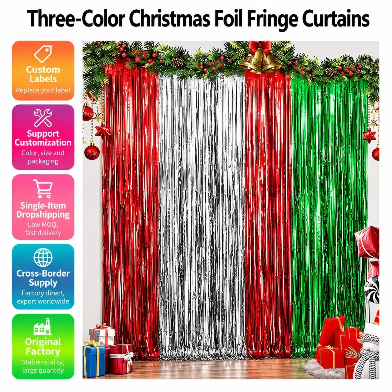 Three-Color Christmas Foil Finge cortinae